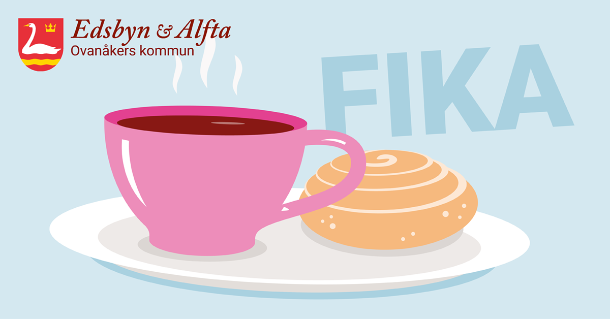 En tecknad bild av en kaffekopp och en bulle på ett fat, samt texten FIKA.