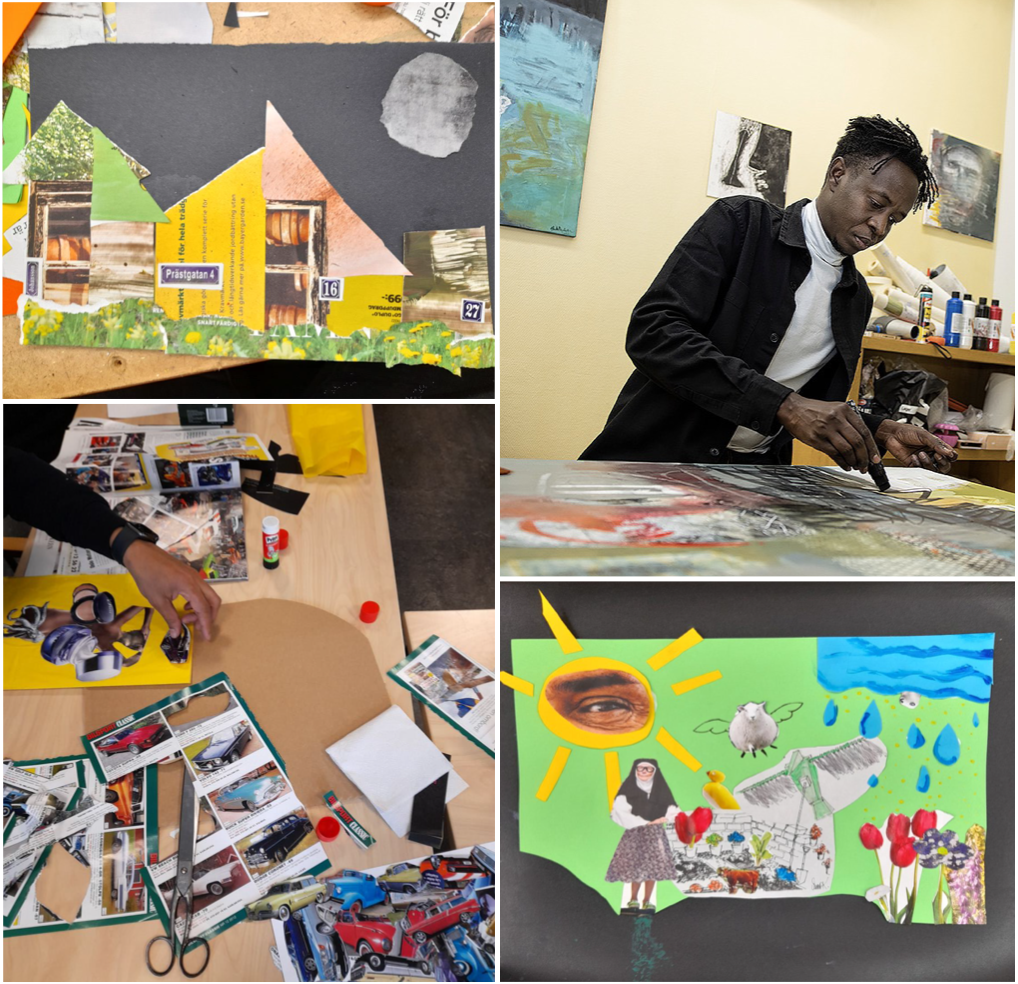 Konstnären Abdalla Basher och några collage från tidigare workshops med barn.