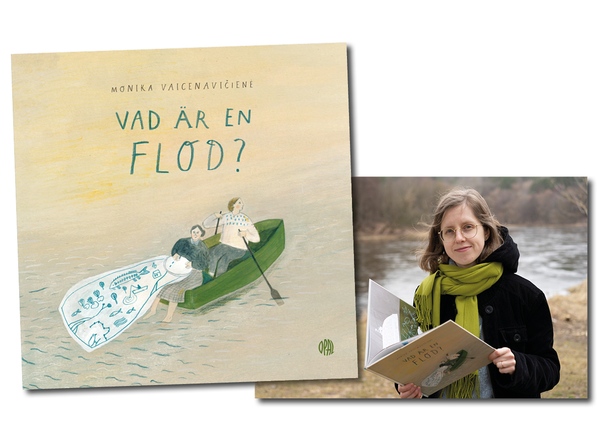 Bokomslag "Vad är en flod?" och porträtt av författarinnan Monica Vaicenavičiene.