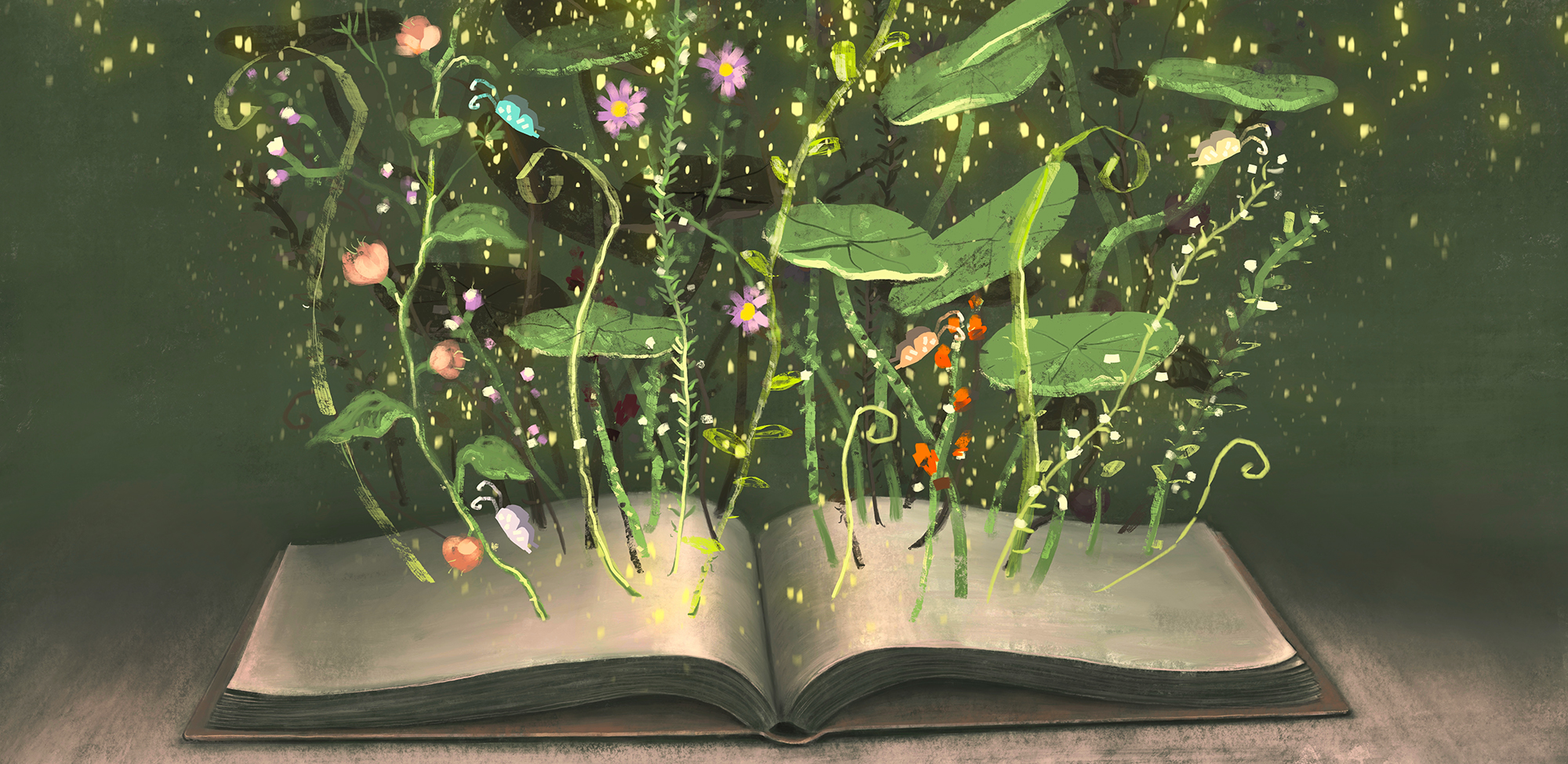 En illustrerad bok med växter som växer upp ur sidorna