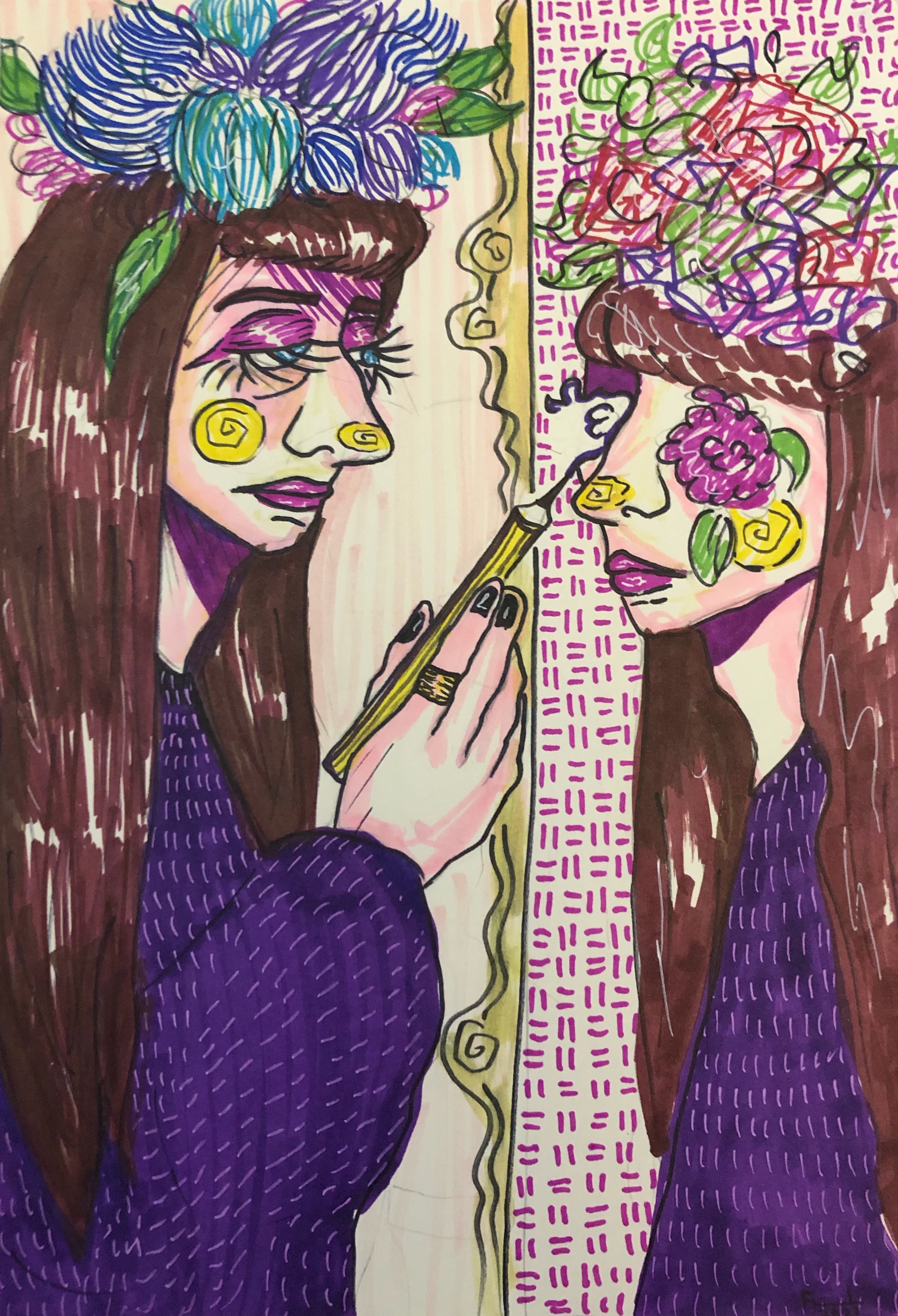 En ung kvinna kläd i mörkt lila tittar på sig själv i spegeln och målar på hennes spegelbild. Hennes ögon ger ett ledsen och kanske lite trött intryck. I verkligheten har hon en krona av färgade blommor på huvudet, men i spegeln är blommorna trasslig. Flickan i spegelbilden har blommor istället för ögon.