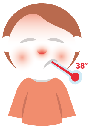 Illustration av ett barn som har feber med en termometer i munnen
