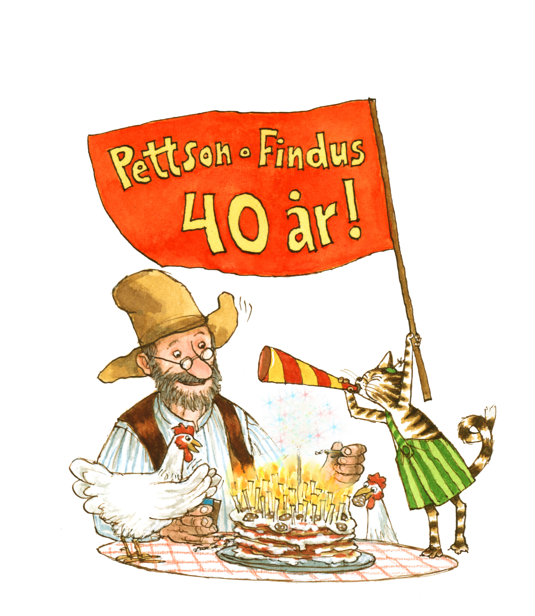 Tecknad bild på Pettson, Findus, två hönor och en tårta. Findus håller upp en flagga med texten "Pettson och Findus 40 år!"