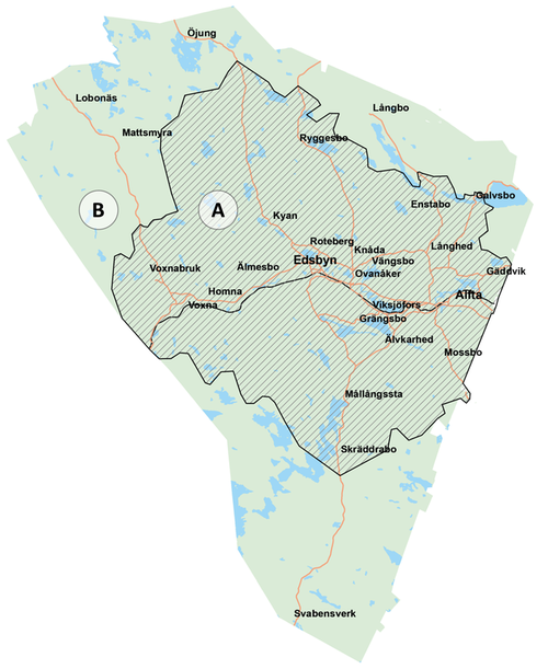 Karta över hemtjänstzoner i Ovanåkers kommun