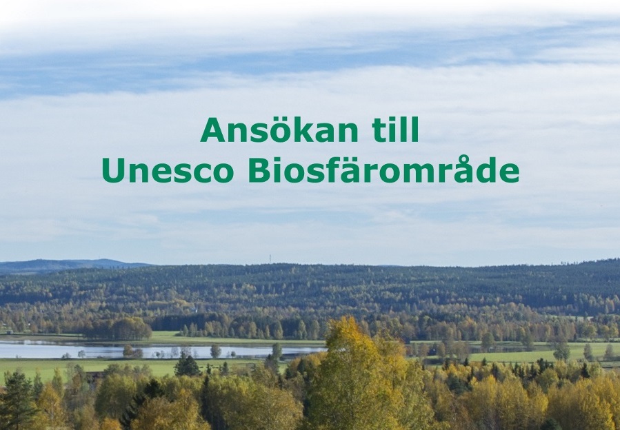Vy över sjö i Ovanåker med texten Ansökan till Unesco Biosfärområde