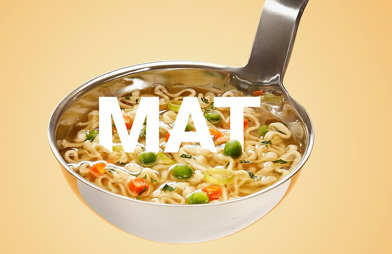 En slev med soppa och texten "Mat"