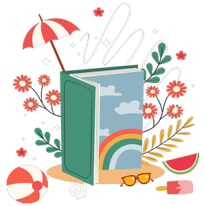 En uppslagen bok omgiven av en badboll, solglasögon, glass, parasoll, blommor och blad.