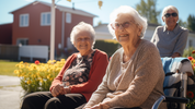 två äldre damer som sitter i rullstolar ute i solen