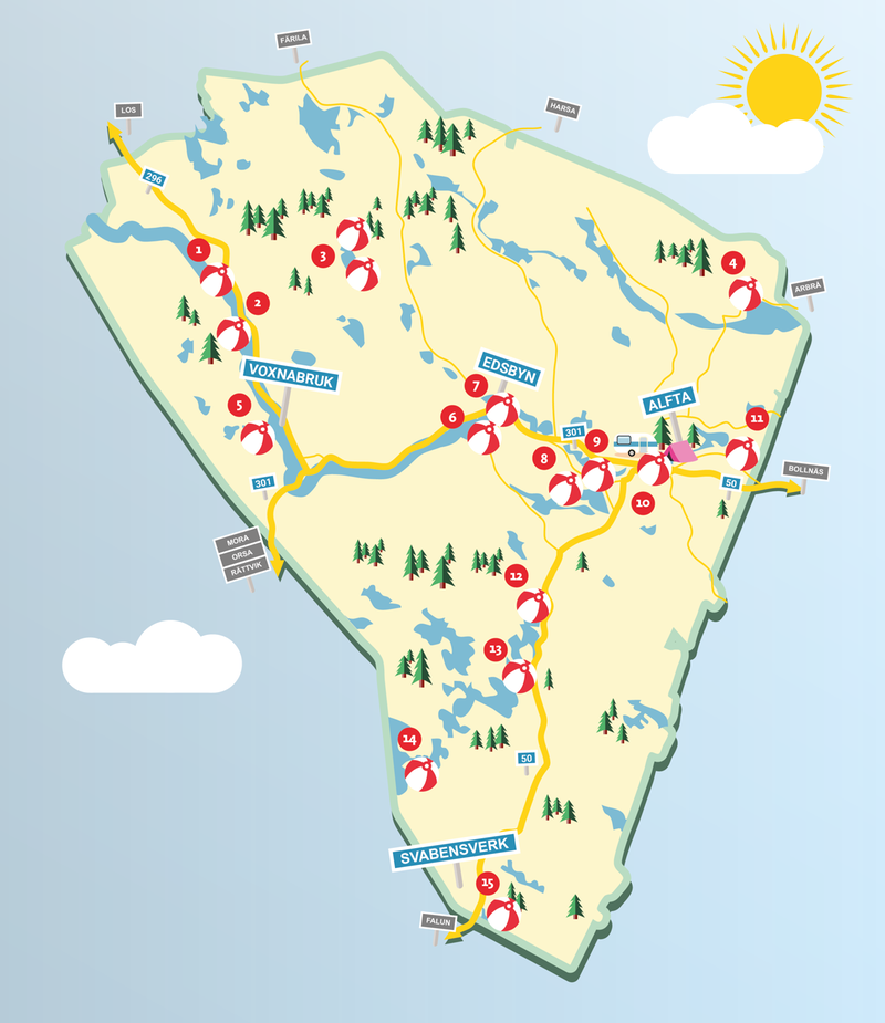 Lekfullt illustrerad karta över badplatser i Ovanåkers kommun