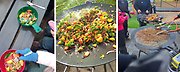 kollage av tre olika bilder som visar mat som lagas utomhus på en stekhäll och barn som äter från plastskålar