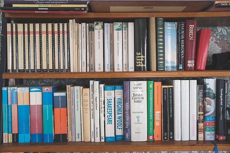 Böcker i en bokhylla, av vilka många är ordböcker.