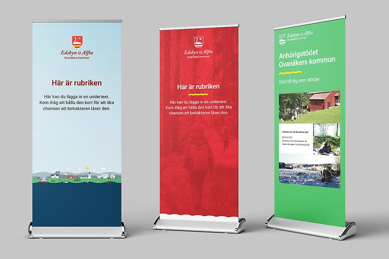 Exempel på tre olika rollups med Ovanåkers kommuns grafiska profil