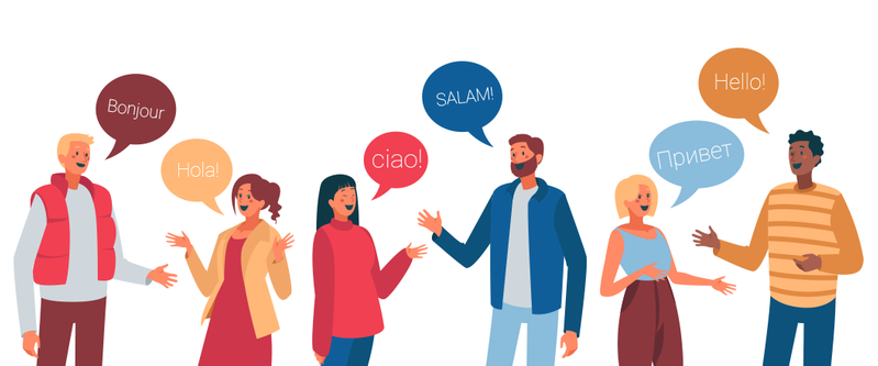 illustration med människor som säger "hej" på olika språk