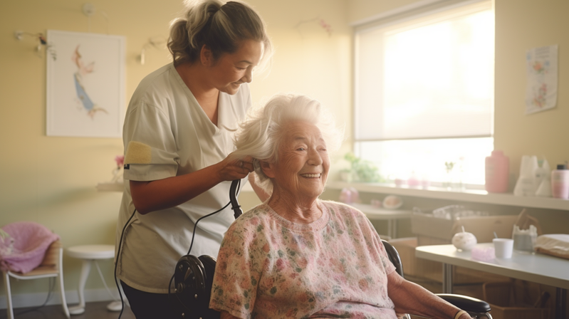 En äldre dam som får sitt hår fixat av personal på äldreboende