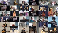 Ett collage av elever och lärare som spelar olika instrument.