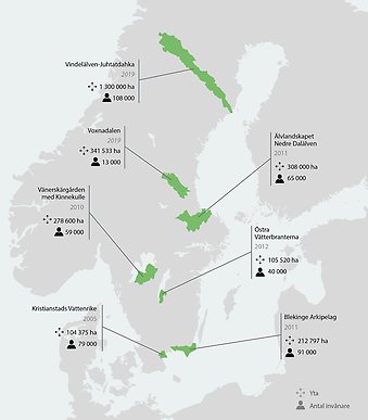 Karta med Sveriges biosfärområden markerade