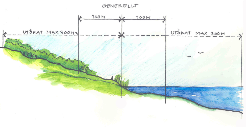 Bilden visar ett exempel på utbredningen av generellt och utökat strandskydd. Illustration: Ulrika Åkerlund /Boverket