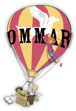 En tecknad luftballong med tre barn.