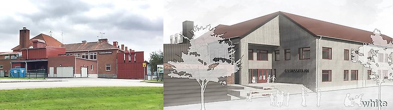 3D modell av hur skolans nya ingång kan se ut när bygget är färdig jämfört med ett fotografi på hur det såg ut innan bygget
